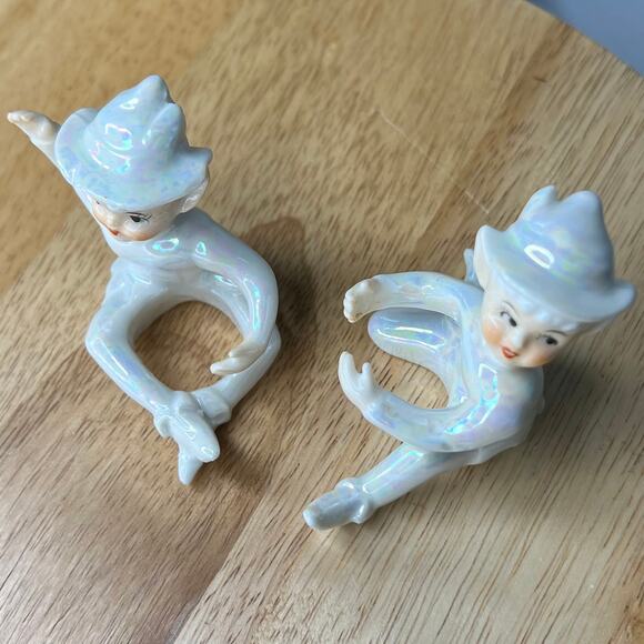 Vintage LEFTON Iridescent Lusterware Porcelain Elf Pixie Candle Hugger Set of 2 - Picture 4 of 10